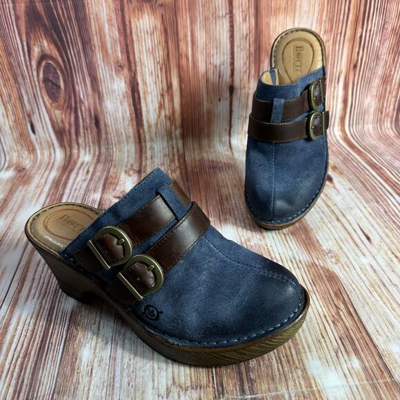 Born Shoes - Born Sz 7 Blue Suede Leather Buckle Slide On Chunky Block Heel Clogs Mules Shoes